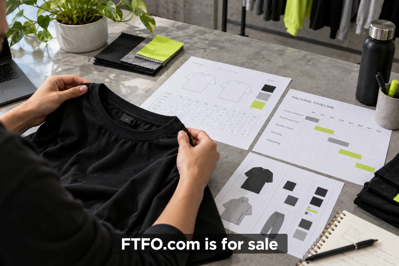 Hands reviewing an apparel sample, labels and preorder planning materials